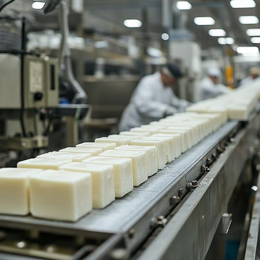 Dairy production line moving blocks of cheese through a facility