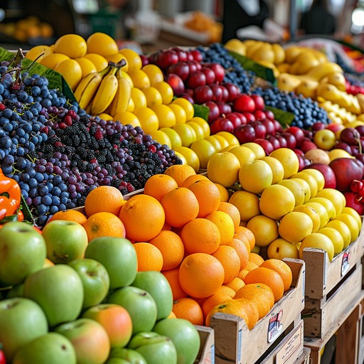 Market stall stacked with oranges, apples, grapes and bananas in wooden crates